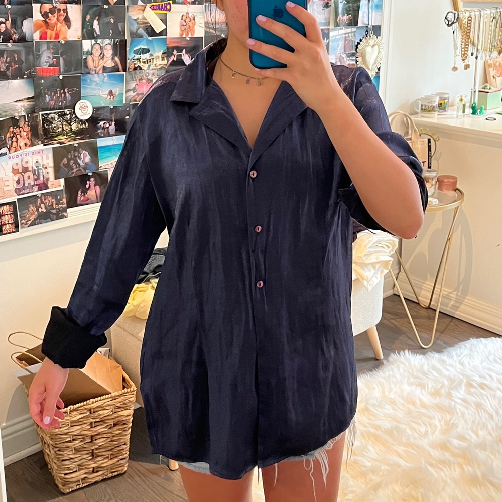 Iridescent navy blue long sleeve button down